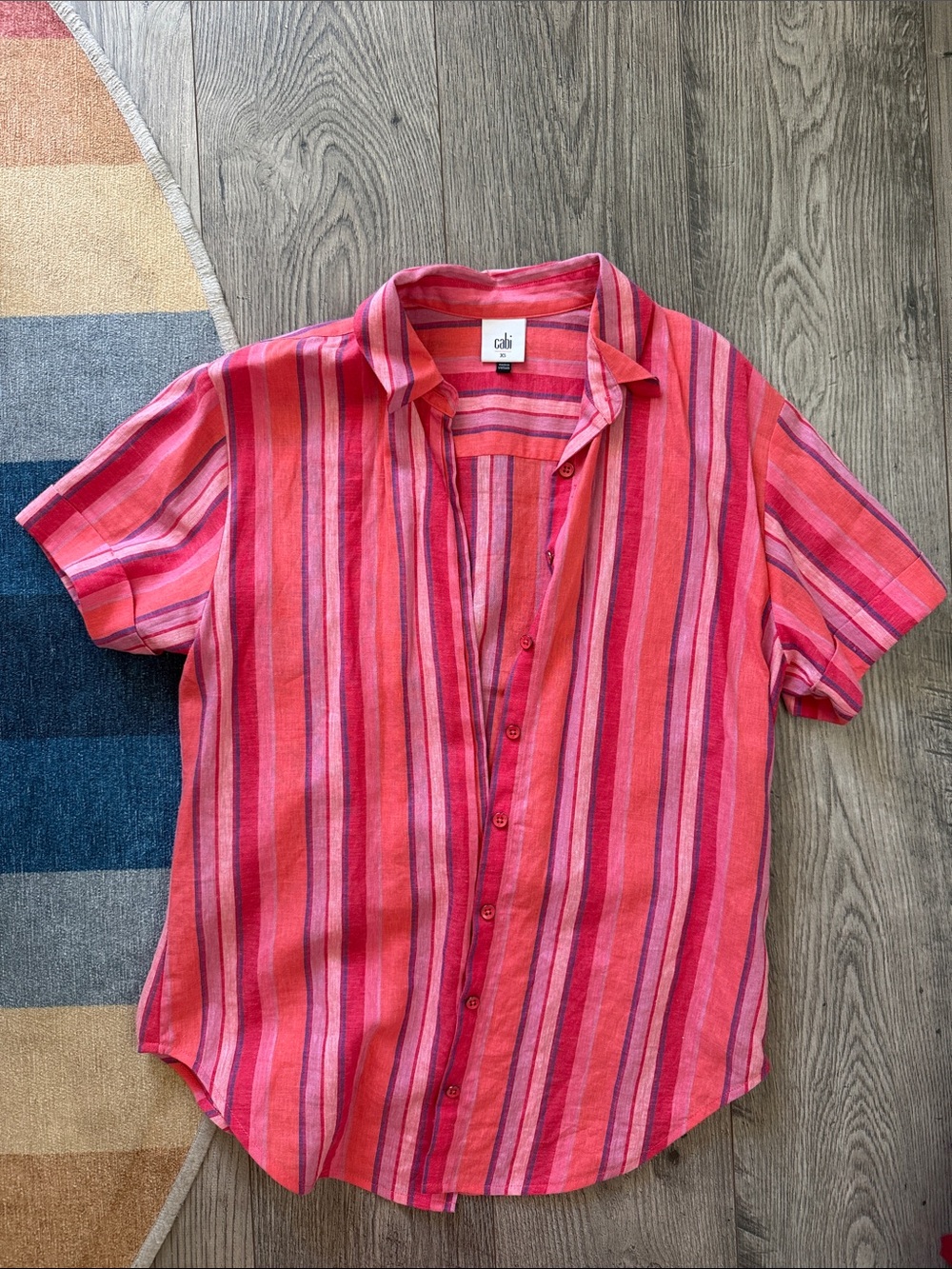 CAbi Pink and Red Striped Short-Sleeve Button-Down Shirt